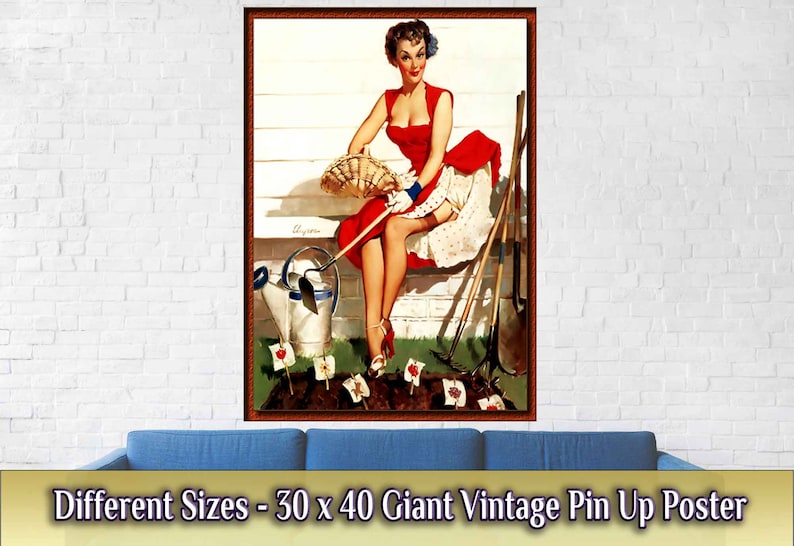 Pin Up Girl Poster, Gil Elvgren, Gardening With Hoe Vintage Art Retro Pin Up Girl Print Late 1940'S 1950'S Giant 30 x 40 inches