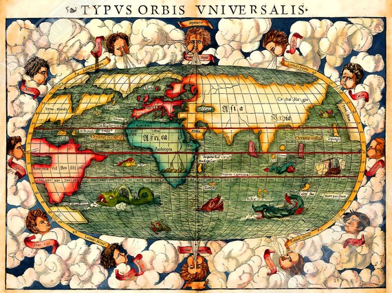 Vintage World Map Poster: 1550 Sebastian Munster 