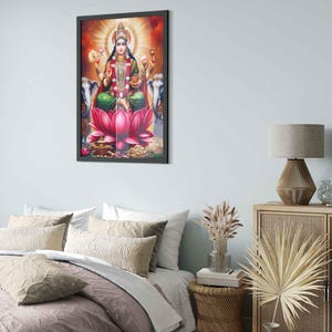 Stampa incorniciata della Divina Lakshmi, Dea della Ricchezza, Decorazione per la casa con divinità indù