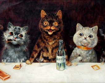 Louis Wain Print - The Bachelor Party - Louis Wain Cat Poster UK, EU USA Domestic Shipping