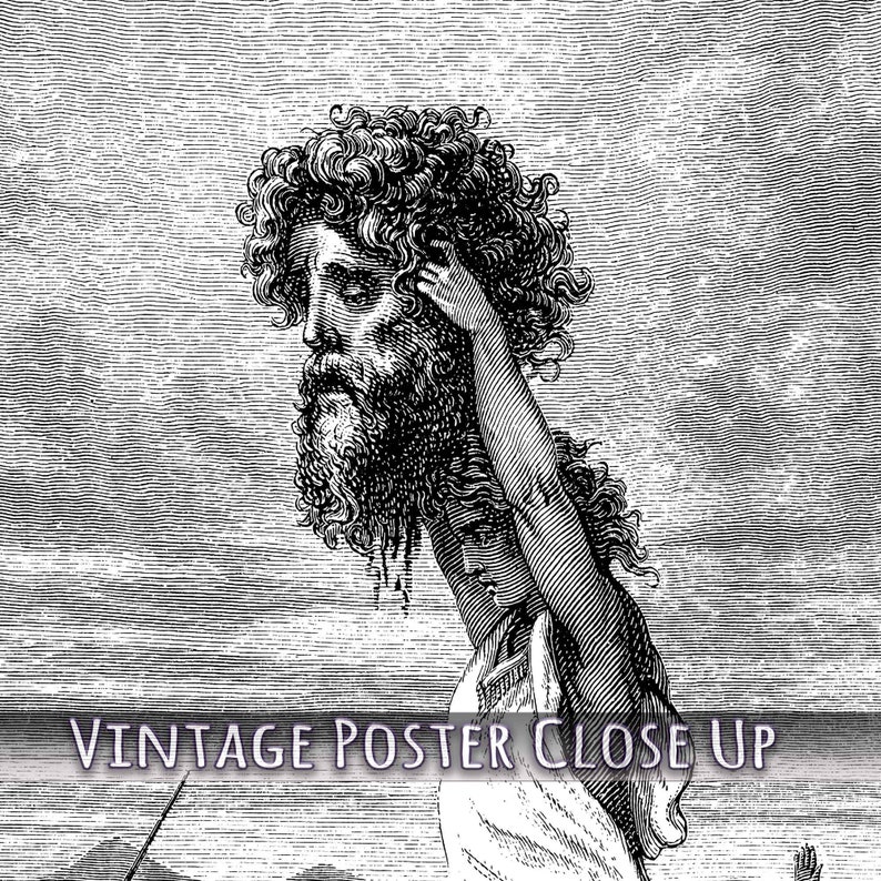 May include: A vintage black and white illustration of a man with a long beard and curly hair, holding his head. The image has a detailed, etched style. The text "VINTAGE POSTER CLOSE UP" is at the bottom.