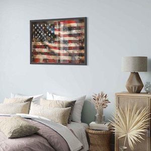 Distressed American Flag Framed Print, Wavy Patriotic USA Flag Framed Print Gritty Modern Art