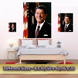 May include: A portrait of Ronald Reagan, the 40th President of the United States, in a black suit and red tie, with the American flag in the background. The image is available in different sizes: 8 x 10 inches, 30 x 40 inches, and 16 x 20 inches.