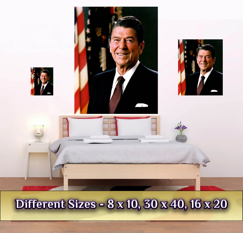 May include: A portrait of Ronald Reagan, the 40th President of the United States, in a black suit and red tie, with the American flag in the background. The image is available in different sizes: 8 x 10 inches, 30 x 40 inches, and 16 x 20 inches.