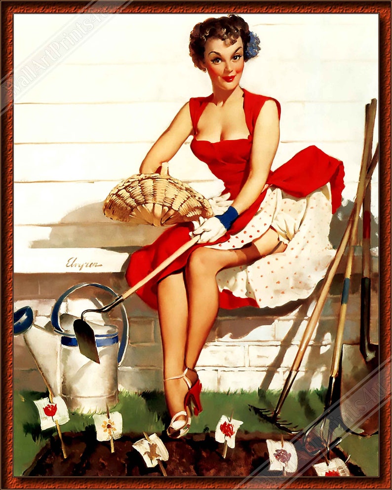 Pin Up Girl Poster, Gil Elvgren, Gardening With Hoe Vintage Art Retro Pin Up Girl Print Late 1940'S 1950'S image 1