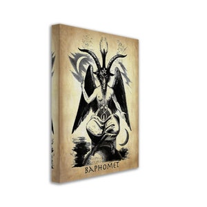 May include: A canvas print featuring a black and white illustration of Baphomet, a goat-headed deity. The artwork depicts Baphomet seated with wings, a pentagram, and the text "ELIPHAS LEVI DEL" and "BAPHOMET" at the bottom. The background has a vintage, aged paper appearance.
