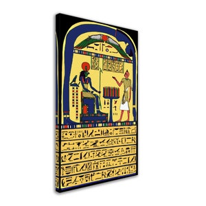 May include: A yellow and blue Egyptian stele with hieroglyphics. The stele depicts a god with a human body and a falcon head, sitting on a throne. A man stands before the god, holding a staff. The stele is framed in black.