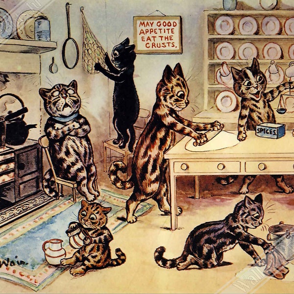 Louis Wain Poster - Kittens In The Kitchen - Louis Wain Cat Print UK, EU USA Domestic Shipping