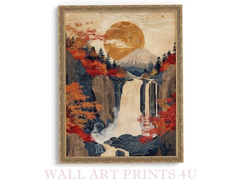 Japanese Ukiyo-E Autumn Waterfall Digital Download Vintage Japan Woodblock Print Style Printable Wall Art