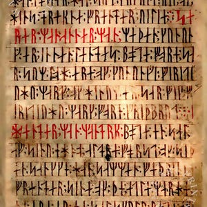 May include: A parchment-like paper with rows of ancient runes, some in red ink. The black and red symbols are arranged in horizontal lines, creating a historical or mystical aesthetic. The paper has a worn, aged appearance.