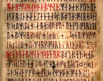 Póster del Codex Runicus: Impresión original de runas vikingas en pergamino antiguo de un manuscrito antiguo.
