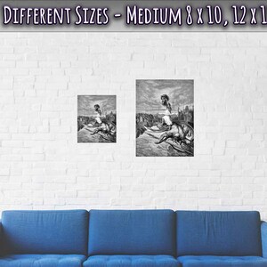 May include: Two framed black and white prints of a biblical scene, one smaller than the other, hang on a white brick wall above a blue sofa. The prints depict a figure riding a fantastical creature. Text at the top reads "DIFFERENT SIZES - MEDIUM 8 x 10, 12 x 16."