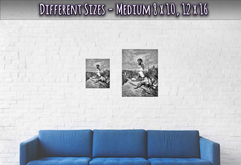 May include: Two framed black and white prints of a biblical scene, one smaller than the other, hang on a white brick wall above a blue sofa. The prints depict a figure riding a fantastical creature. Text at the top reads "DIFFERENT SIZES - MEDIUM 8 x 10, 12 x 16."