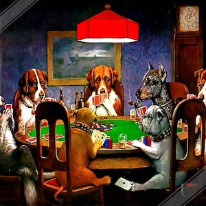 May include: A painting of a group of dogs playing cards around a green felt table. The dogs are wearing collars and are sitting in chairs. There is a red lamp hanging above the table and a clock on the wall behind the dogs.