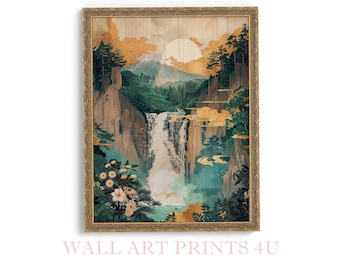 May include: A framed print of a watercolor painting depicting a waterfall cascading down a mountainside. The scene is lush and green with a golden sun shining in the sky. The painting is framed in a gold frame.