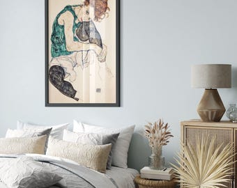 Egon Schiele ingelijste print, zittende vrouw met knieën omhoog vintage print 1917