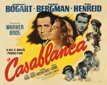 Casablanca Movie Poster, Vintage Movie Poster 1942 Poster Film Art - Humphrey Bogart - Ingrid Bergman UK, EU USA Domestic Shipping