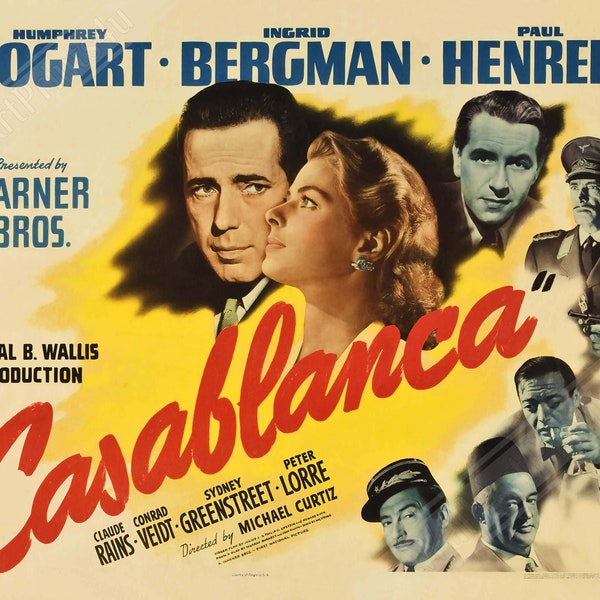 Casablanca Movie Poster, Vintage Movie Poster 1942 Poster Film Art - Humphrey Bogart - Ingrid Bergman UK, EU USA Domestic Shipping