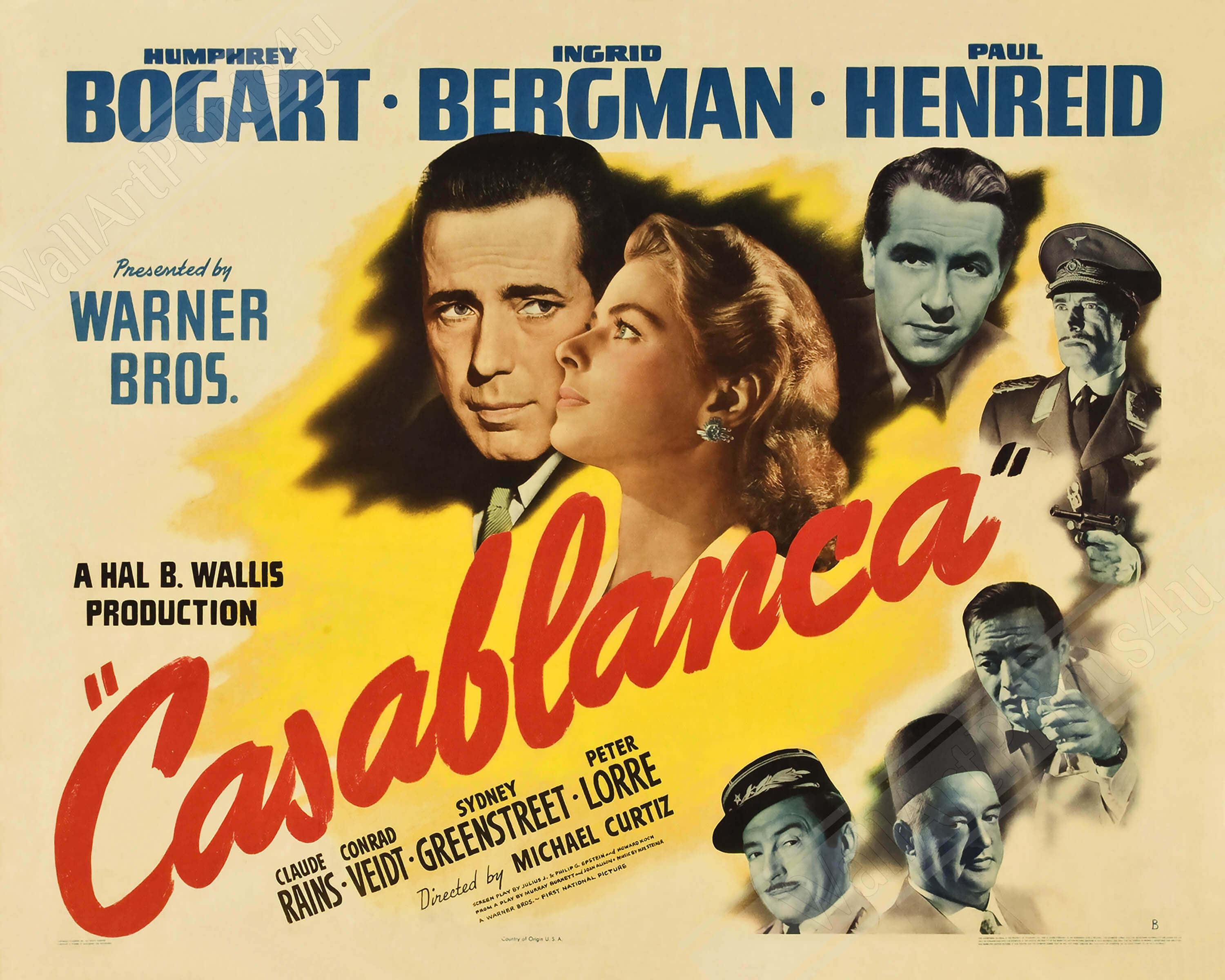 Casablanca Movie Poster, Vintage Movie Poster 1942 Poster Film Art Humphrey  Bogart Ingrid Bergman UK, EU USA Domestic Shipping -  Israel