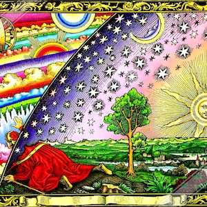 Flammarion-poster Flat Earth-poster - reiziger steekt hoofd door het firmament aan de rand van de wereld Binnenlandse verzending VK, EU VS