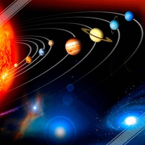 May include: A colorful illustration of the solar system with the sun in the foreground and the planets orbiting around it. The planets are depicted in their correct order from the sun: Mercury, Venus, Earth, Mars, Jupiter, Saturn, Uranus, and Neptune. The background is a dark blue space with stars and a galaxy.