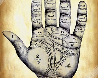 Palmistry Hand Print Poster: Vintage Aged Paper Fortune Telling