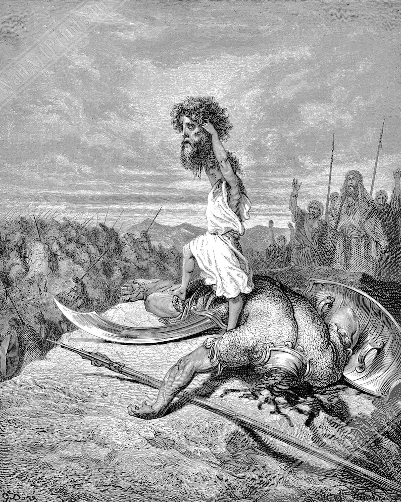 May include: A black and white illustration depicts a biblical scene. A young figure stands over a fallen warrior, holding up a severed head. Soldiers and onlookers are in the background, with spears and shields visible. The artwork is detailed and dramatic.