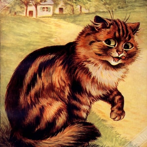 Louis Wain Print - Our Darlings Cat - Louis Wain Cat Poster - Long Haired Tabby UK, EU USA Domestic Shipping