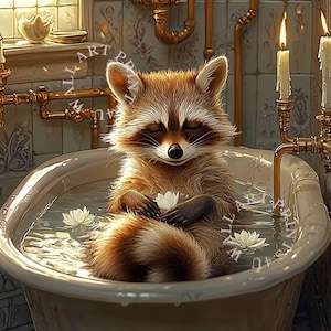 Meditating Raccoon in Bathtub Poster: Vintage Bathroom Wall Art