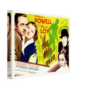May include: A vintage movie poster for the film "The Thin Man" starring William Powell and Myrna Loy. The poster features a silhouette of a man in a suit and hat, with the title text in a bold, yellow font.
