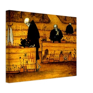 May include: A painting of three skeletons dressed in black robes tending to a garden. The skeletons are watering plants, weeding, and tending to flowers. The garden is surrounded by wooden fences and the background is a lush green forest.
