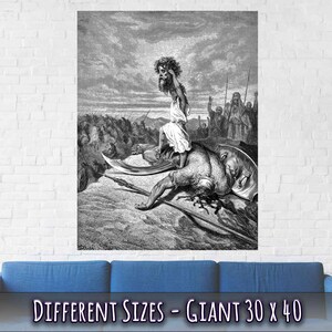 May include: Black and white illustration depicting a biblical scene. A figure stands over a fallen giant, holding his severed head. Other figures are in the background. The text "DIFFERENT SIZES - GIANT 30 x 40" is at the bottom.