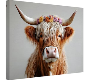 Highland Cow Canvas Print with Flower Crown Rustic Boho Farmhouse Wall Art