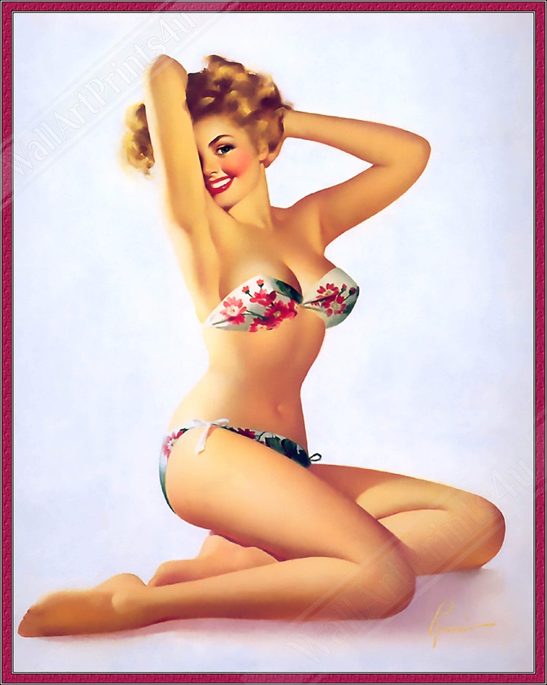 Vintage Pin up Girl Poster Red Flowers on Bikini Edward Etsy