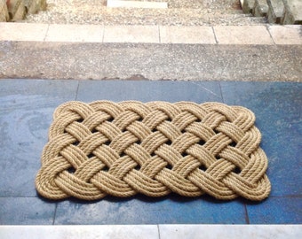 Handmade 33" x 19" Nautical Welcome Doormat - Traditional Sailor Knots - Washable Sisal Hemp Rope Mat - Beach House Doormat - Farmhouse Mat