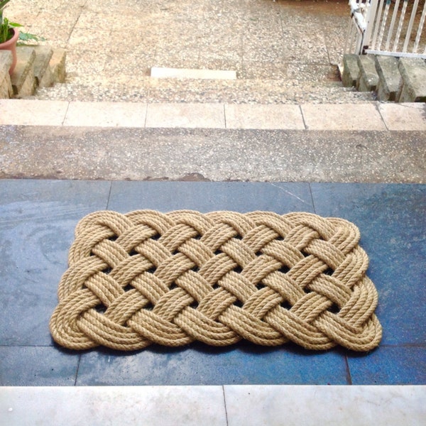 Handmade 33" x 19" Nautical Welcome Doormat - Traditional Sailor Knots - Washable Sisal Hemp Rope Mat - Beach House Doormat - Farmhouse Mat