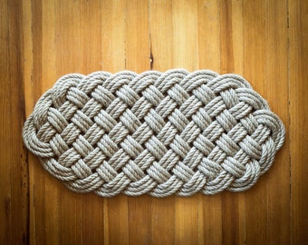 Handmade Jute Rope Doormat: (31" x 13") Nautical Sailor Knot, Beach House Decor.