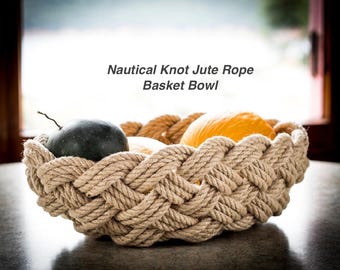 Large Nautical Jute Rope Bowl | Handcrafted Sailor Knot Basket, Coastal Decor