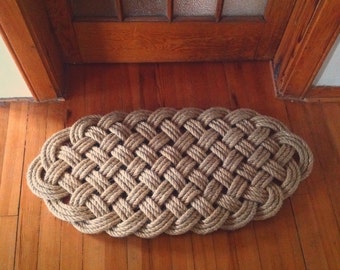 Handmade 36" x 18" Ocean Plait Doormat - Traditional Nautical Knot - Washable Sisal Hemp Rope Mat - Beach House Doormat - Farmhouse Mat -