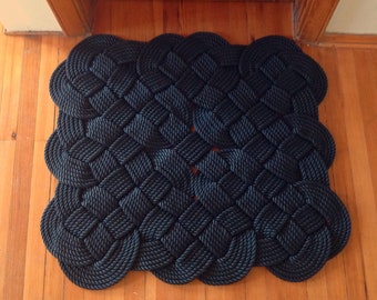 Large 42" x 38" Custom Doormat - Handmade Black Knot Mat - Traditional Sailor Knot Arts - Nautical Outdoor Shaped Washable Carpet - 106x95cm