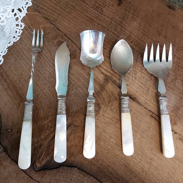 Vintage set of 5 small silver plated mother-of-pearl cutlery