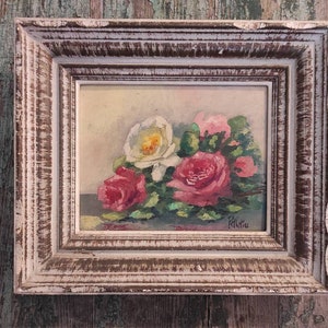 Pintura al óleo vintage francesa de flores, firmada por Pelletier