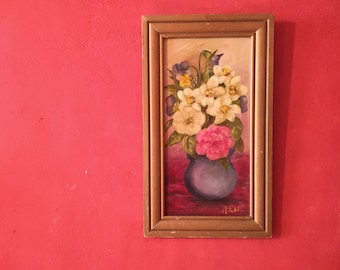 Peinture à l'huile française vintage de fleurs, signée René