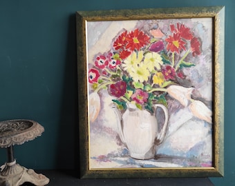 peinture à l'huile française vintage de fleurs, signée Renée