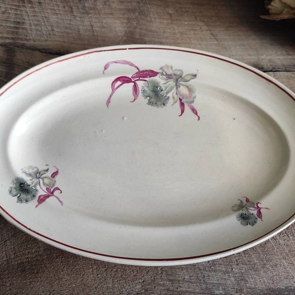 Petit plat de service ovale vintage du Moulin des Loups, avec décoration florale d'orchidées