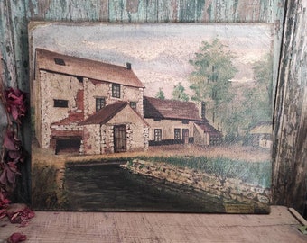 Pintura al óleo francesa vintage, firmada por Levergne, 1958