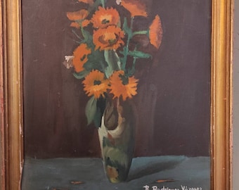 Vintage oil painting of flowers signed Rodríguez Vázquez