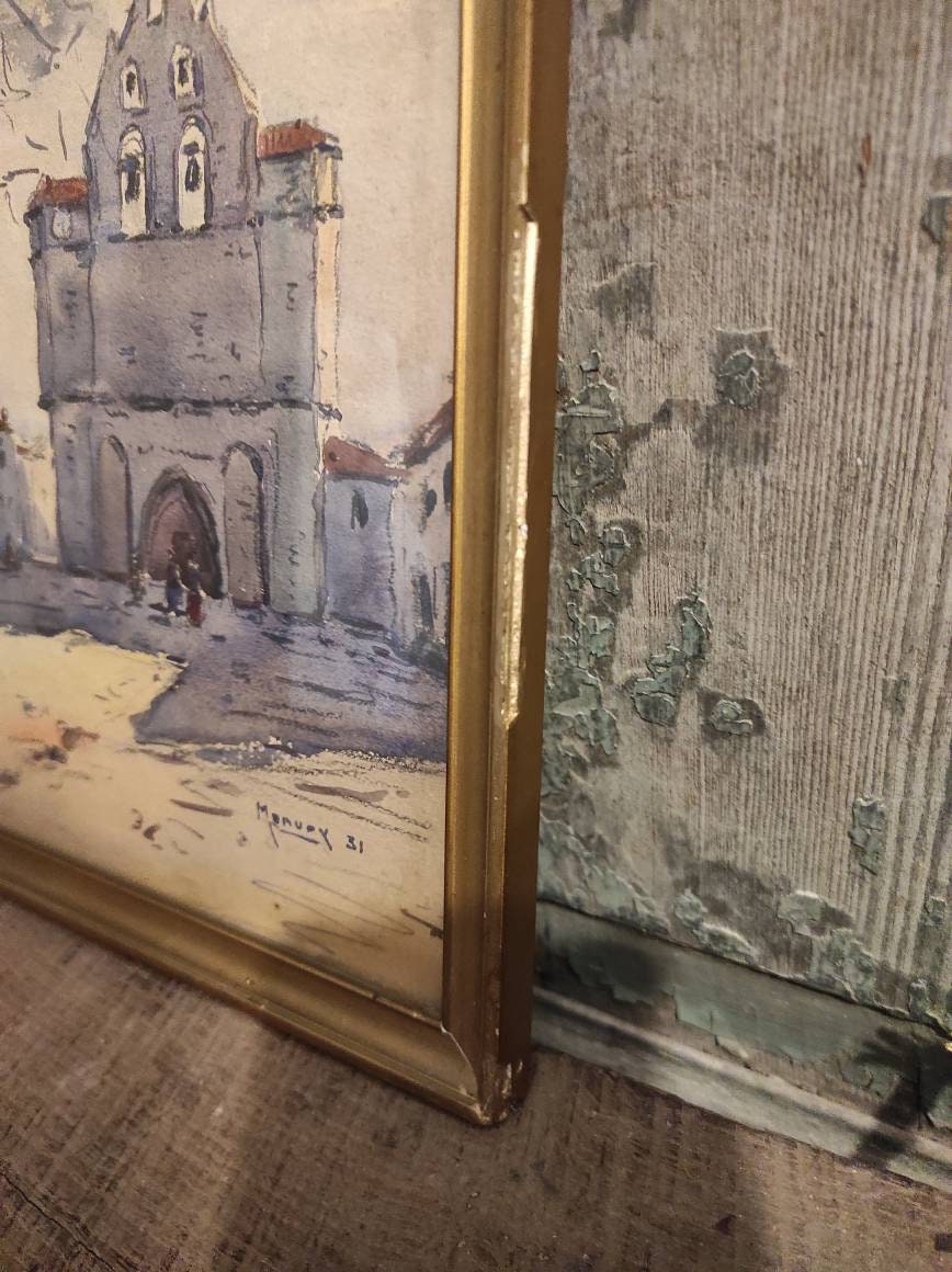 教会のある村を描いたフランスのヴィンテージ水彩画。署名入り、1931年