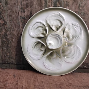 Vintage French oyster plate in white and green Majolica