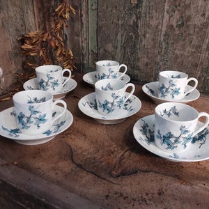 Puede incluir: Juego de seis tazas de té y platillos de porcelana blanca con un patrón floral azul. Las tazas y los platillos tienen un aspecto delicado y vintage.